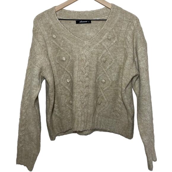 Olivaceous Tan Cable Knit Pom Pom Sweater Size Small - Picture 1 of 10